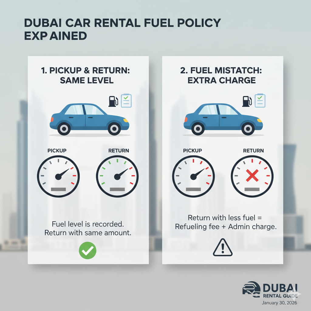 Fuel Policy – Car Rental Policy Dubai Explained User guide infographic showing fuel policy under car rental policy dubai explained, including same fuel return requirement, fuel checks, and service charges for mismatch.