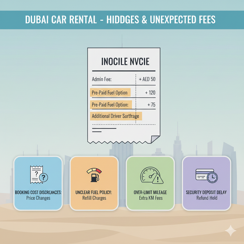 User guide illustration explaining hidden charges and unexpected fees in car rental complaints by users in Dubai, including extra costs, unclear fuel policy, mileage limits, and deposit delays.