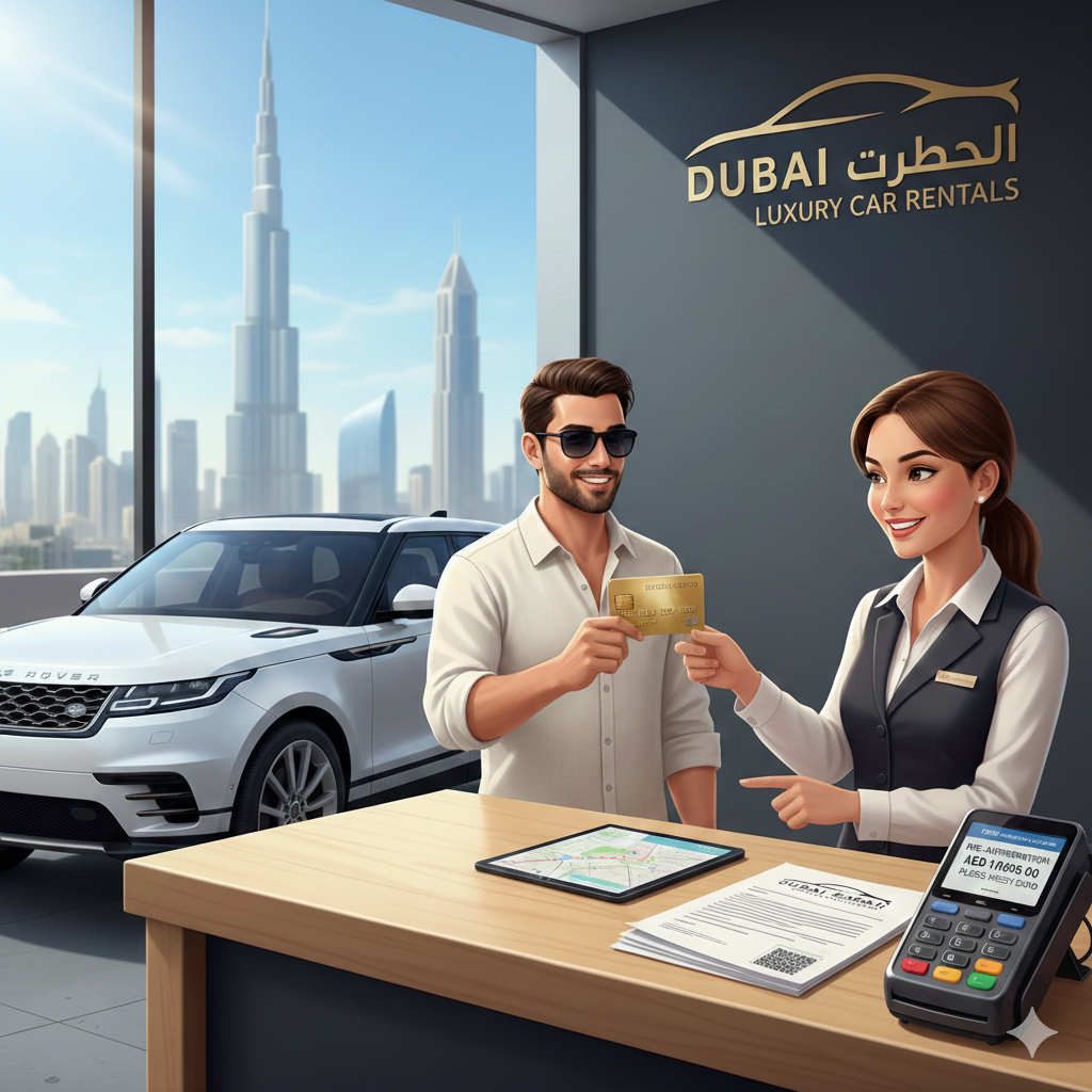 "Tourist presenting a credit card at a Dubai car rental counter with luxury SUV and Dubai skyline in background, highlighting payment and security process."