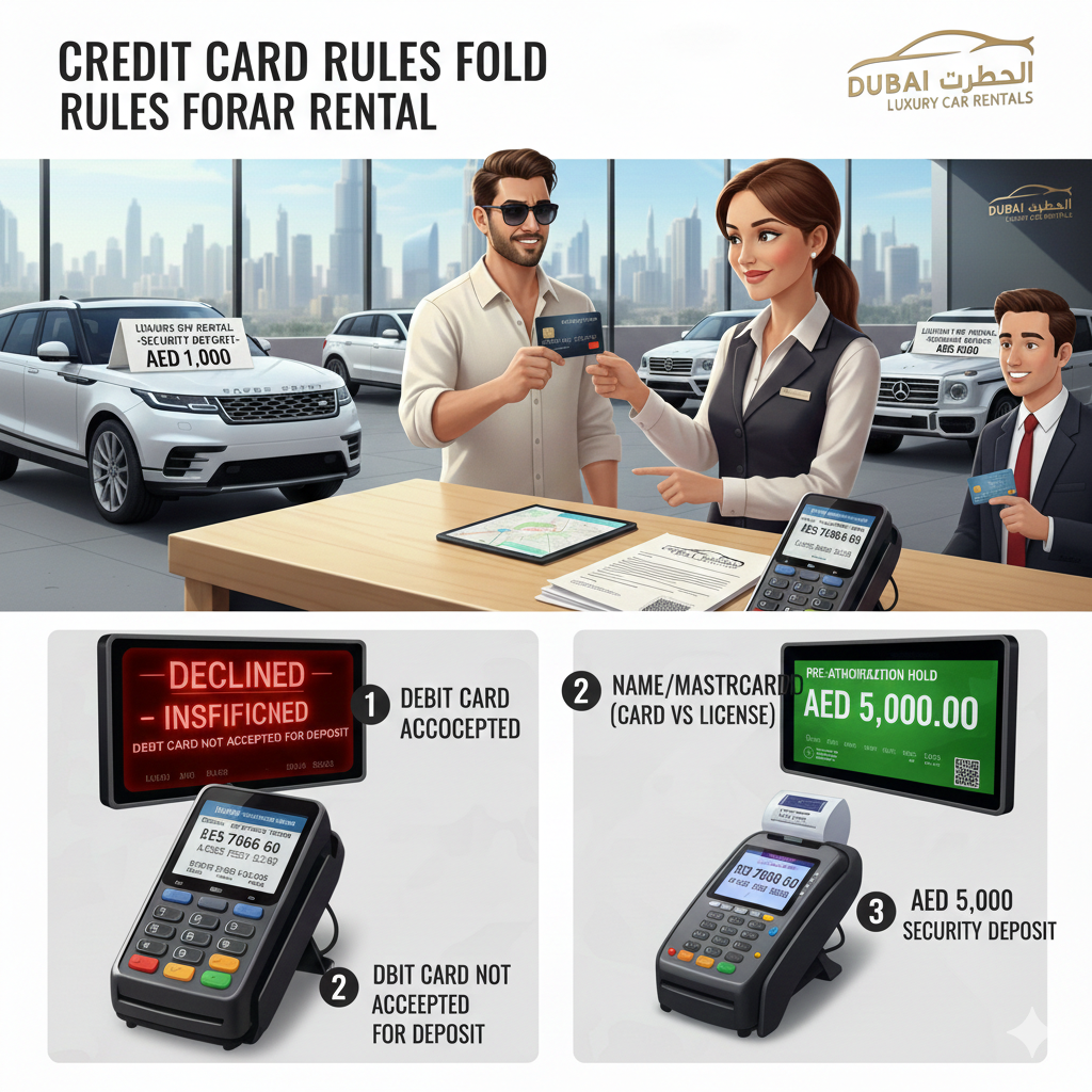 "Dubai car rental counter showing a tourist switching from declined debit card to Visa credit card, BMW X5 in background, highlighting pre-authorization and credit card rules."