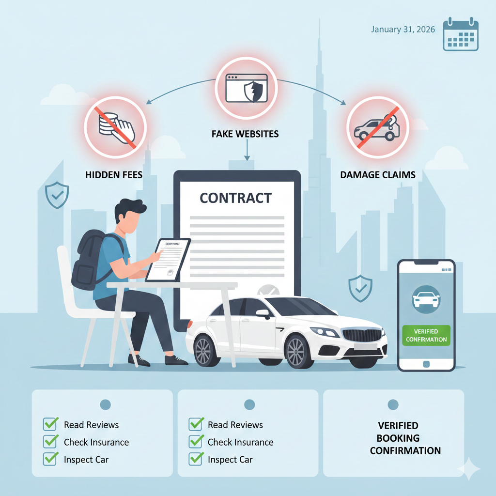 Infographic showing a traveler checking a Dubai car rental agreement with scam warning icons and safety checklist elements.
