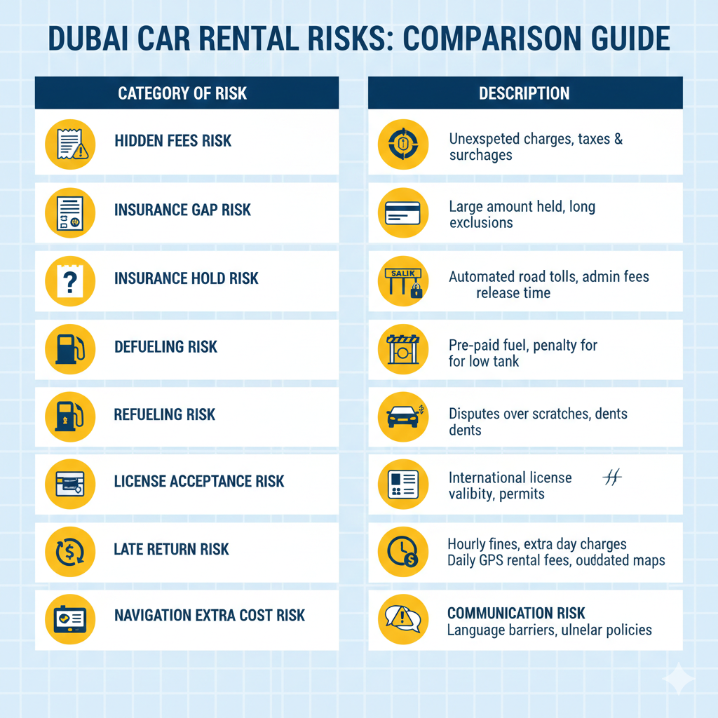 User guide infographic table showing main car rental risks in Dubai, including hidden fees, insurance gaps, deposit holds, toll charges, fuel policy issues, damage penalties, license acceptance problems, late returns, navigation costs, and communication risks.