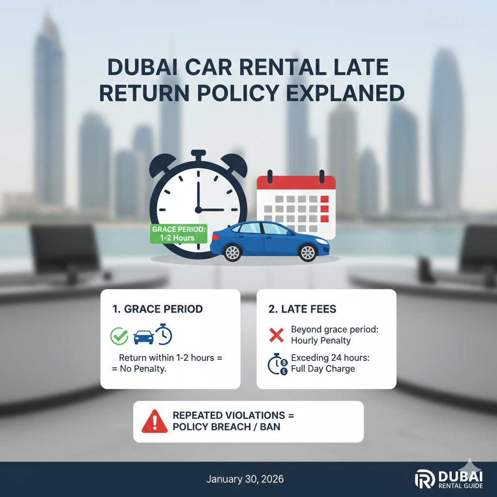 Late Return Rules – Car Rental Policy Dubai Explained User guide infographic showing late return rules under car rental policy dubai explained, including limited grace period, hourly or daily penalties, and violation warnings.