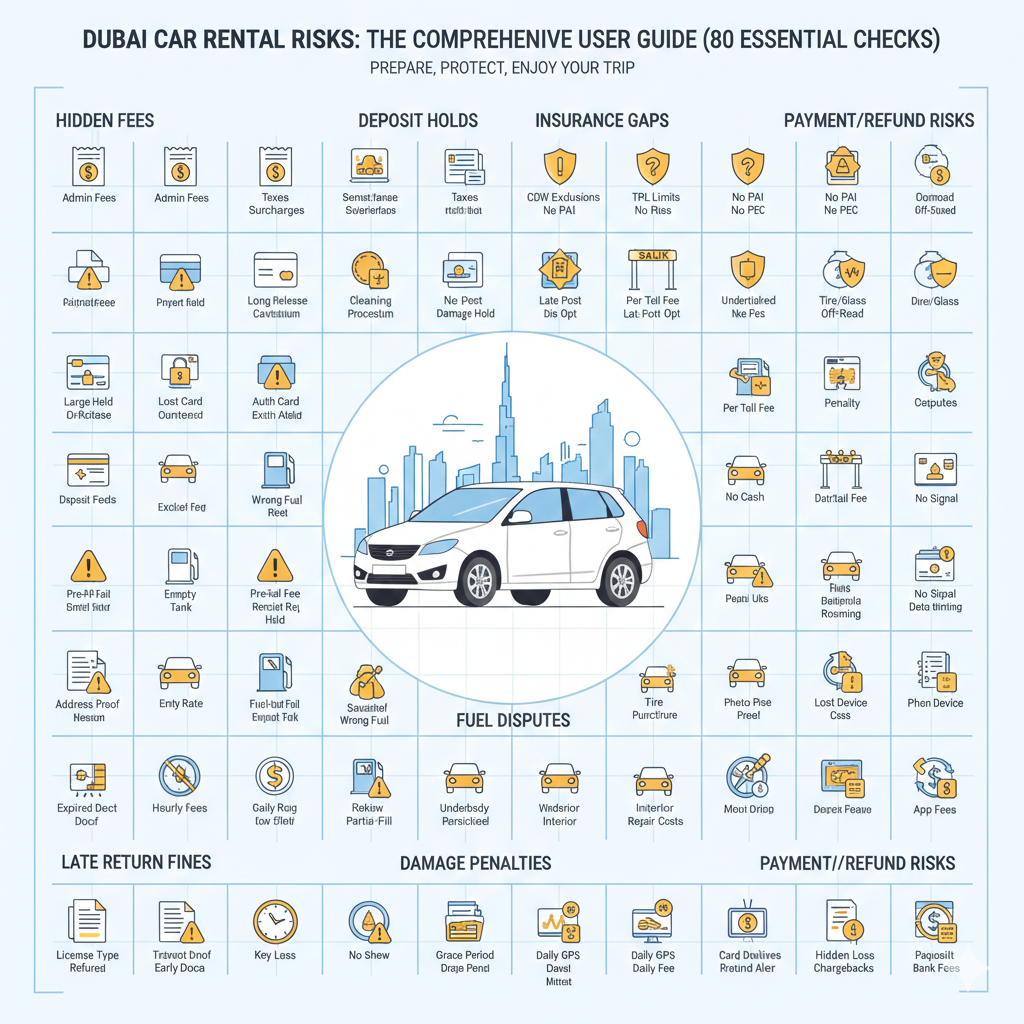 User guide infographic showing a large checklist of car rental risks in Dubai, including hidden fees, insurance gaps, deposit holds, toll issues, fuel disputes, damage penalties, navigation costs, refunds, documentation problems, and late return fines.