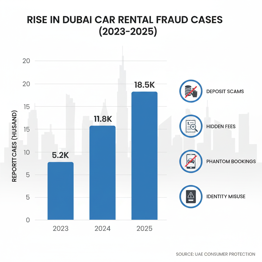 Bar chart infographic displaying increasing car rental fraud cases in Dubai with icons representing deposit scams, hidden fees, and identity misuse.