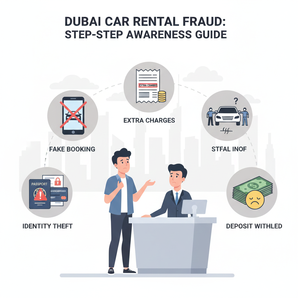 Educational infographic showing a renter learning about common car rental fraud cases in Dubai including fake bookings, hidden fees, damage disputes, and deposit scams.