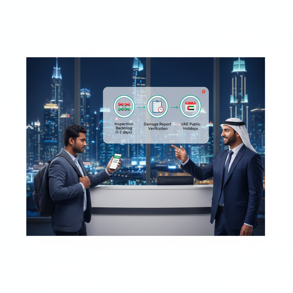 Infographic showing common reasons for delay in car rental deposit refund Dubai including inspection backlog, damage verification, bank timing, holidays, and incorrect card details