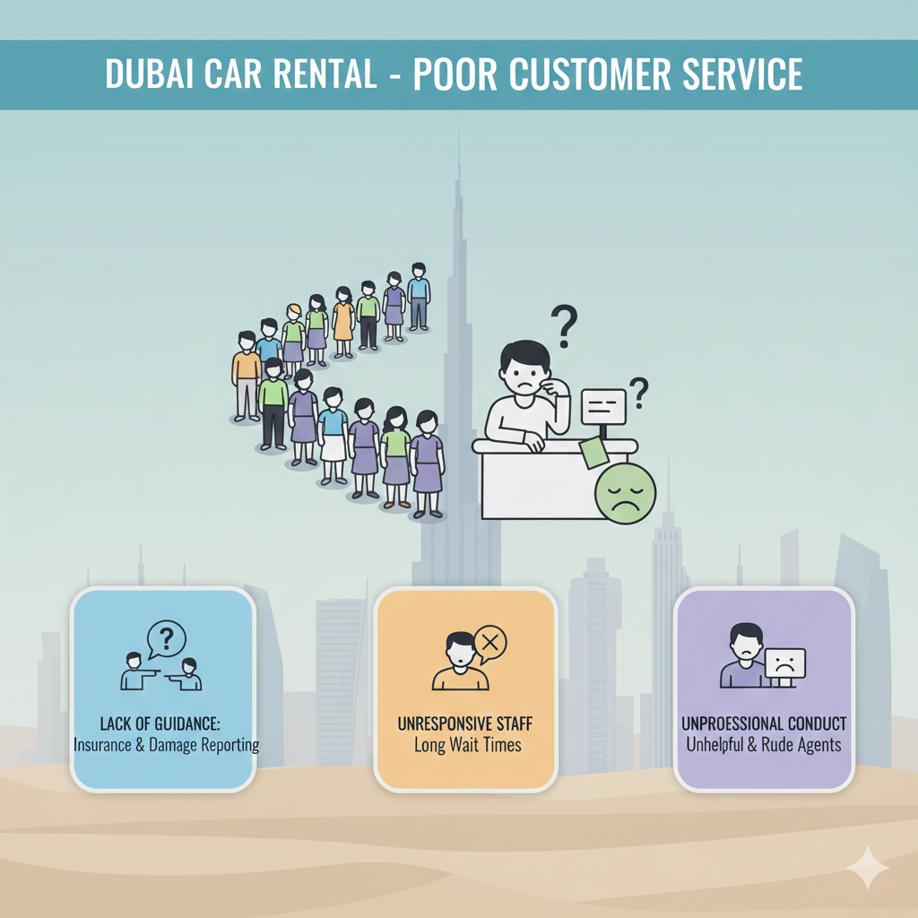 User guide illustration showing poor customer service experience in car rental complaints by users in Dubai, including long wait times, unhelpful staff, and unclear insurance guidance.