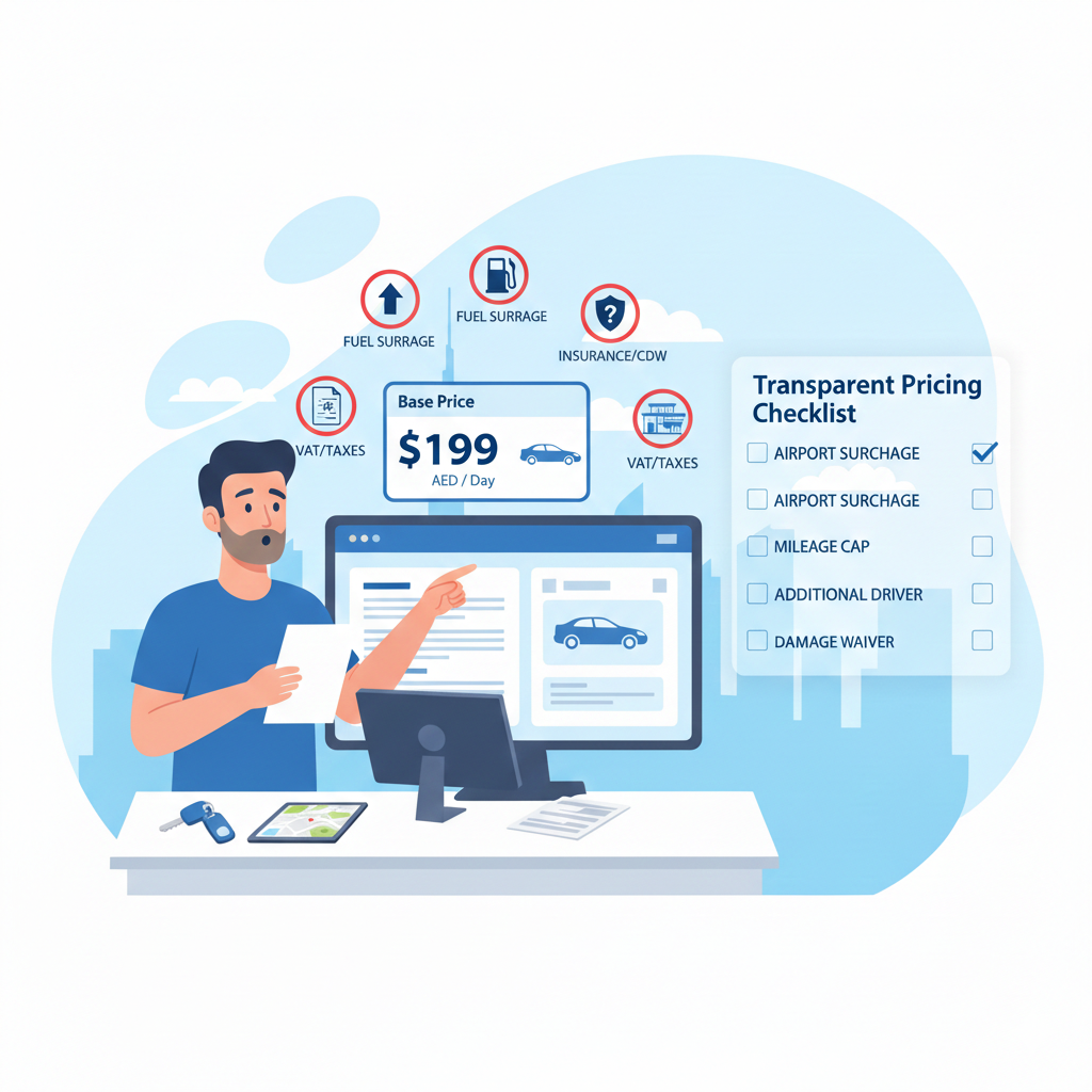 Infographic explaining hidden charges in Dubai car rental with icons for fuel, insurance, airport fees, mileage, and taxes around a rental booking screen
