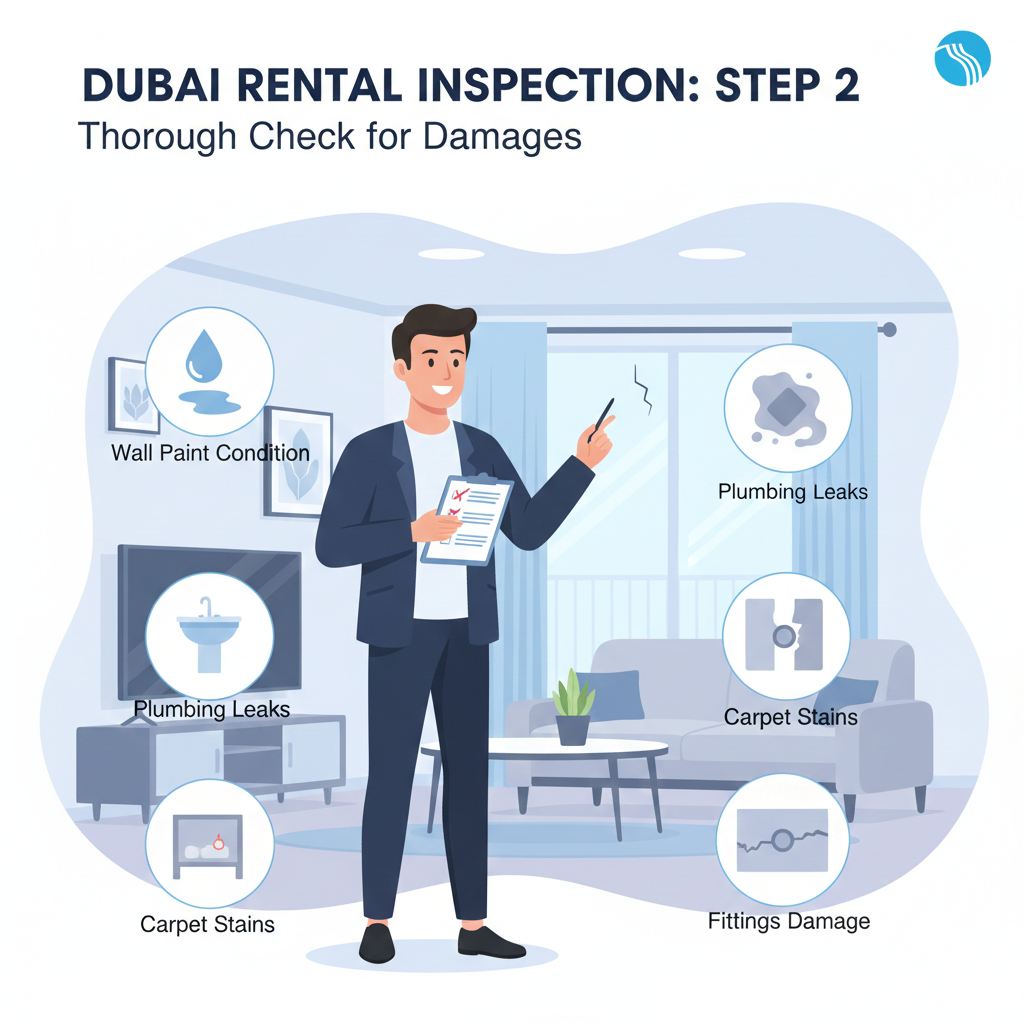 Illustration of landlord inspecting apartment walls, fittings, and carpet during security deposit inspection in Dubai