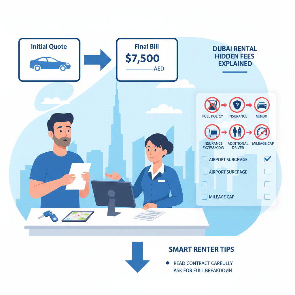Infographic showing a traveler learning about hidden charges in Dubai car rental with labeled fee icons and contract explanation
