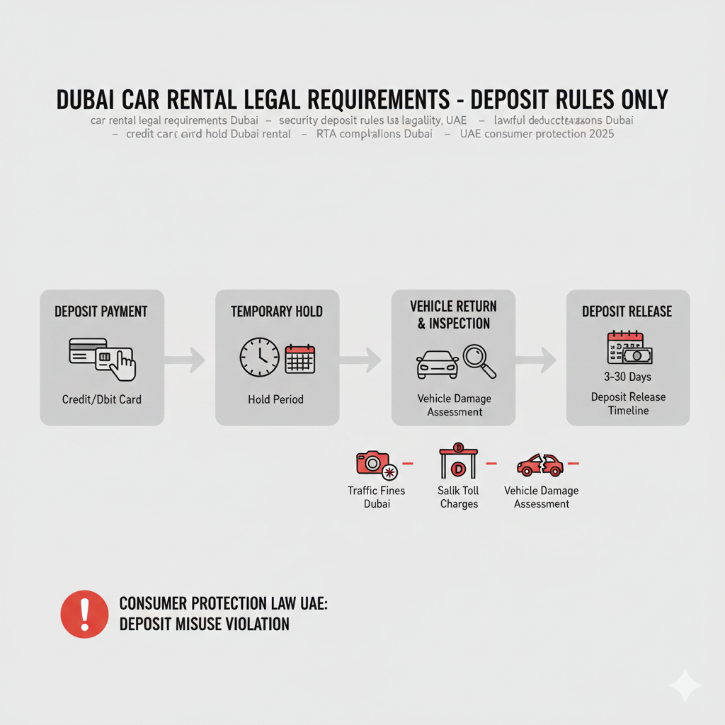 Infographic showing deposit rules in car rental legal requirements Dubai 2026, including credit or debit card payment, temporary hold, vehicle inspection, deposit release, lawful deductions, and consumer protection compliance.