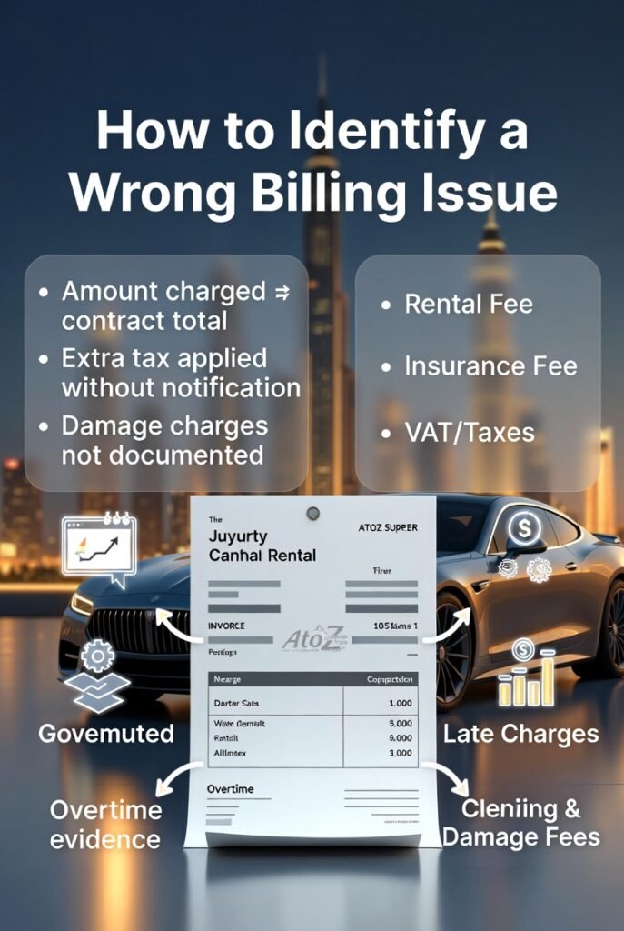 "How to Identify a Wrong Billing Issue – User Guide" "Infographic-style user guide illustrating how to identify wrong billing in Dubai car rentals, showing a central invoice with a luxury car, left-side bullet points for signs of wrong billing, and right-side bullet points for billing terms to review."