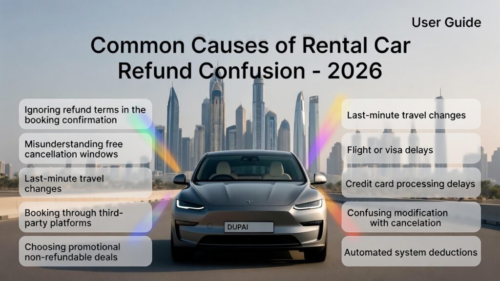 Common Causes of Rental Car Refund Confusion – 2026 Feature image for “Common Causes of Rental Car Refund Confusion – 2026” showing a luxury SUV in the center with Dubai skyline in the background. Key points like ignoring refund terms, misunderstanding cancellation windows, third-party bookings, non-refundable deals, last-minute changes, flight or visa delays, credit card processing issues, booking modification confusion, automated deductions, and timing differences are displayed on both sides as animated highlights.