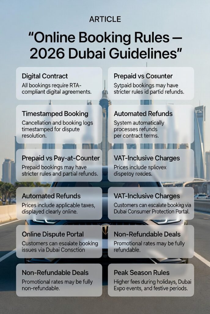 Feature image for “Online Booking Rules – 2026 Dubai Guidelines” showing a luxury SUV in the center with Dubai skyline in the background. Key points like digital contract, timestamped booking, prepaid vs pay-at-counter rules, automated refunds, VAT-inclusive charges, online dispute portal, non-refundable deals, and peak season rules are displayed on both sides as animated highlights.