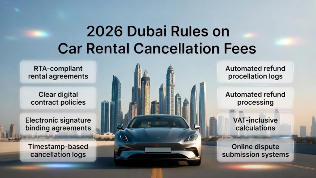 Feature image for “2026 Dubai Rules on Car Rental Cancellation Fees” showing a luxury SUV in the center with Dubai skyline in the background. Key rules such as RTA-compliant agreements, digital contracts, electronic signatures, timestamped logs, automated refund processing, VAT-inclusive calculations, online dispute systems, and compliance with signed agreements are displayed on both sides as animated highlights.