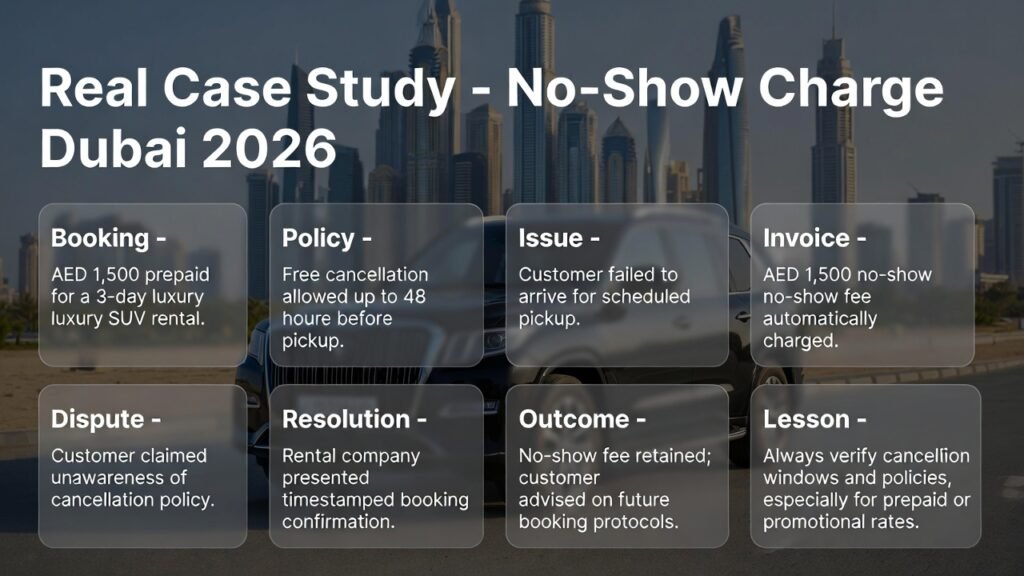 Feature image for “Real Case Study – No-Show Charge Dubai 2026” showing a luxury SUV in the center with Dubai skyline in the background. Key points from the case study — booking, policy, issue, invoice, dispute, resolution, outcome, and lesson — are displayed on both sides as animated highlights.
