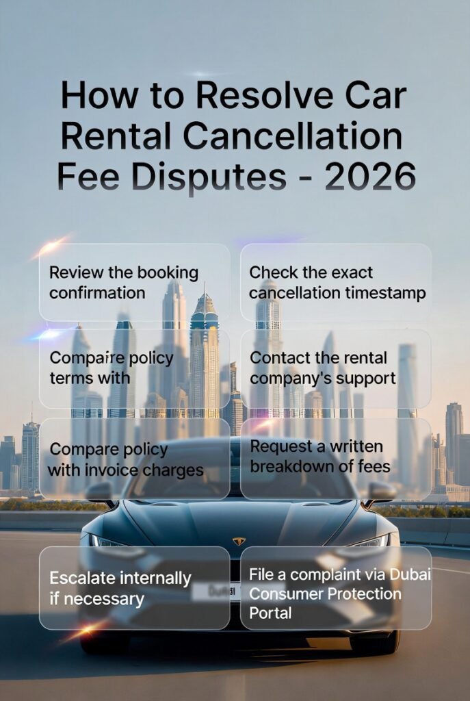 Feature image for “How to Resolve Car Rental Cancellation Fee Disputes – 2026” showing a luxury SUV in the center with Dubai skyline in the background. Step-by-step dispute resolution points such as reviewing booking confirmation, checking timestamps, comparing invoice, contacting support, requesting breakdown, escalating, filing complaints, and proper documentation are displayed on both sides as animated highlights.