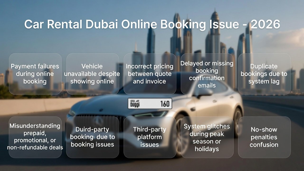 Feature image for “Car Rental Dubai Online Booking Issue – 2026” showing a luxury SUV in the center with Dubai skyline in the background. Key points like payment failures, unavailable vehicles, invoice discrepancies, missing confirmations, duplicate bookings, prepaid and promotional deal issues, third-party platforms, system glitches, no-show penalties, and admin fee deductions are displayed on both sides as animated highlights.