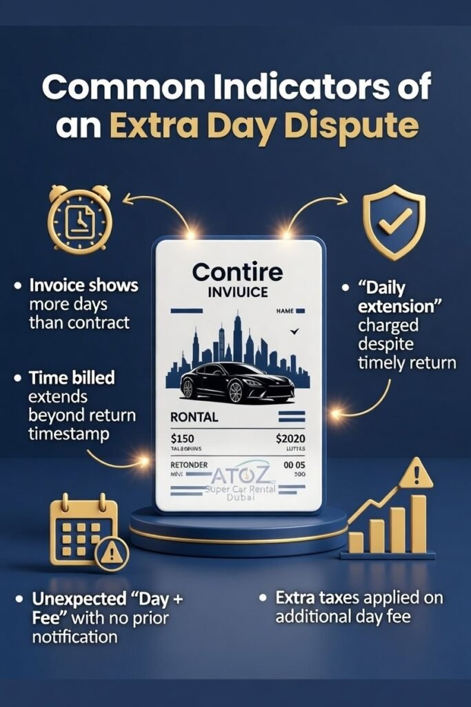 "Infographic-style user guide showing common indicators of a rental car extra day dispute, with central invoice, Dubai luxury car, and side bullet points for invoice mismatch, extended billing, unexpected day fees, daily extension, and extra taxes, plus brand logo."