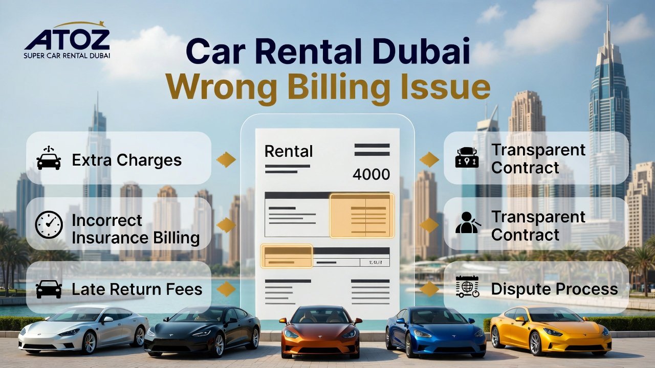 "Feature image for Car Rental Dubai Wrong Billing Issue user guide, showing a stylized invoice, luxury cars in Dubai, and highlighted bullet points for extra charges, insurance errors, and dispute steps."