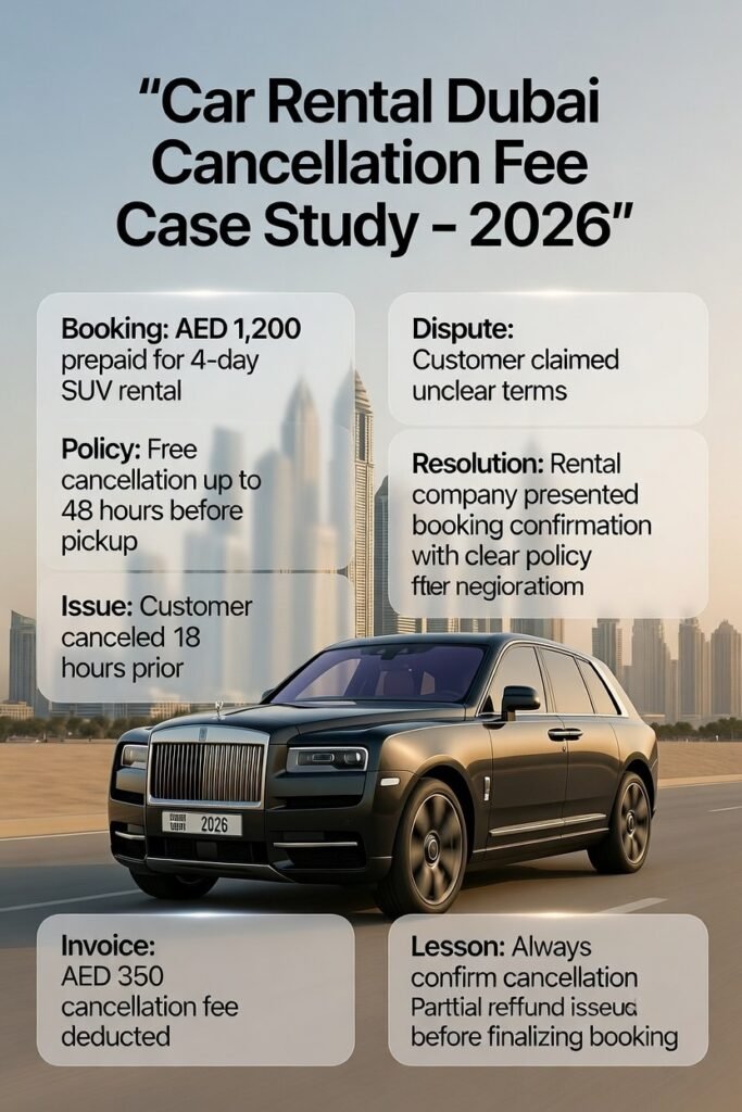 Feature image for “Car Rental Dubai Cancellation Fee Case Study – 2026” showing a luxury SUV in the center with Dubai skyline in the background. Key points from the case study — booking, policy, issue, invoice, dispute, resolution, outcome, and lesson — are displayed on both sides as animated floating highlights.