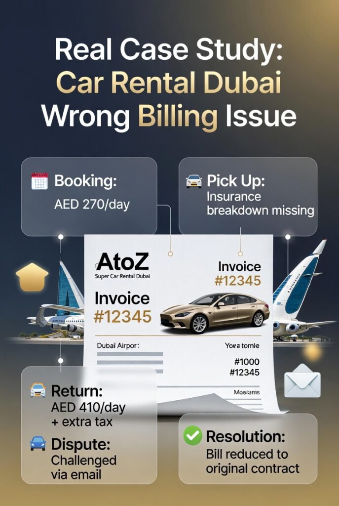 "Real Case Study: Car Rental Dubai Wrong Billing Issue – User Guide" "Infographic-style user guide showing a real case study of wrong billing in Dubai car rental. Central invoice with Dubai luxury car and Dubai Airport background, side bullet points highlight booking details, pickup issue, return charges, dispute, and resolution, with brand logo."