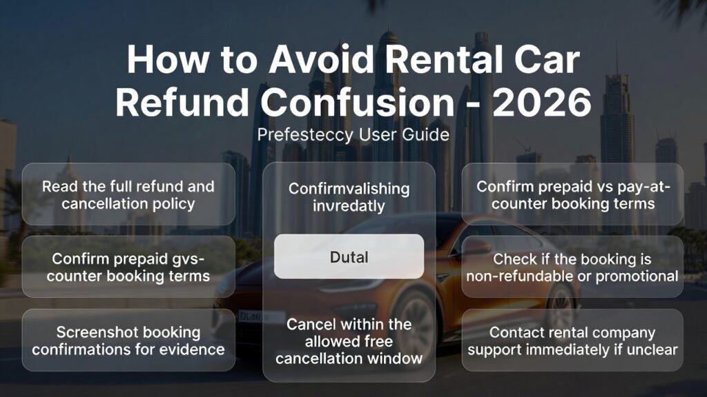 How to Avoid Rental Car Refund Confusion – 2026 Feature image for “How to Avoid Rental Car Refund Confusion – 2026” showing a luxury SUV in the center with Dubai skyline in the background. Key points like reading refund policies, confirming prepaid vs pay-at-counter terms, checking non-refundable bookings, screenshotting confirmations, canceling within free window, contacting support, and choosing trusted providers like AtoZ Super Car Rental Dubai are displayed on both sides as animated highlights.