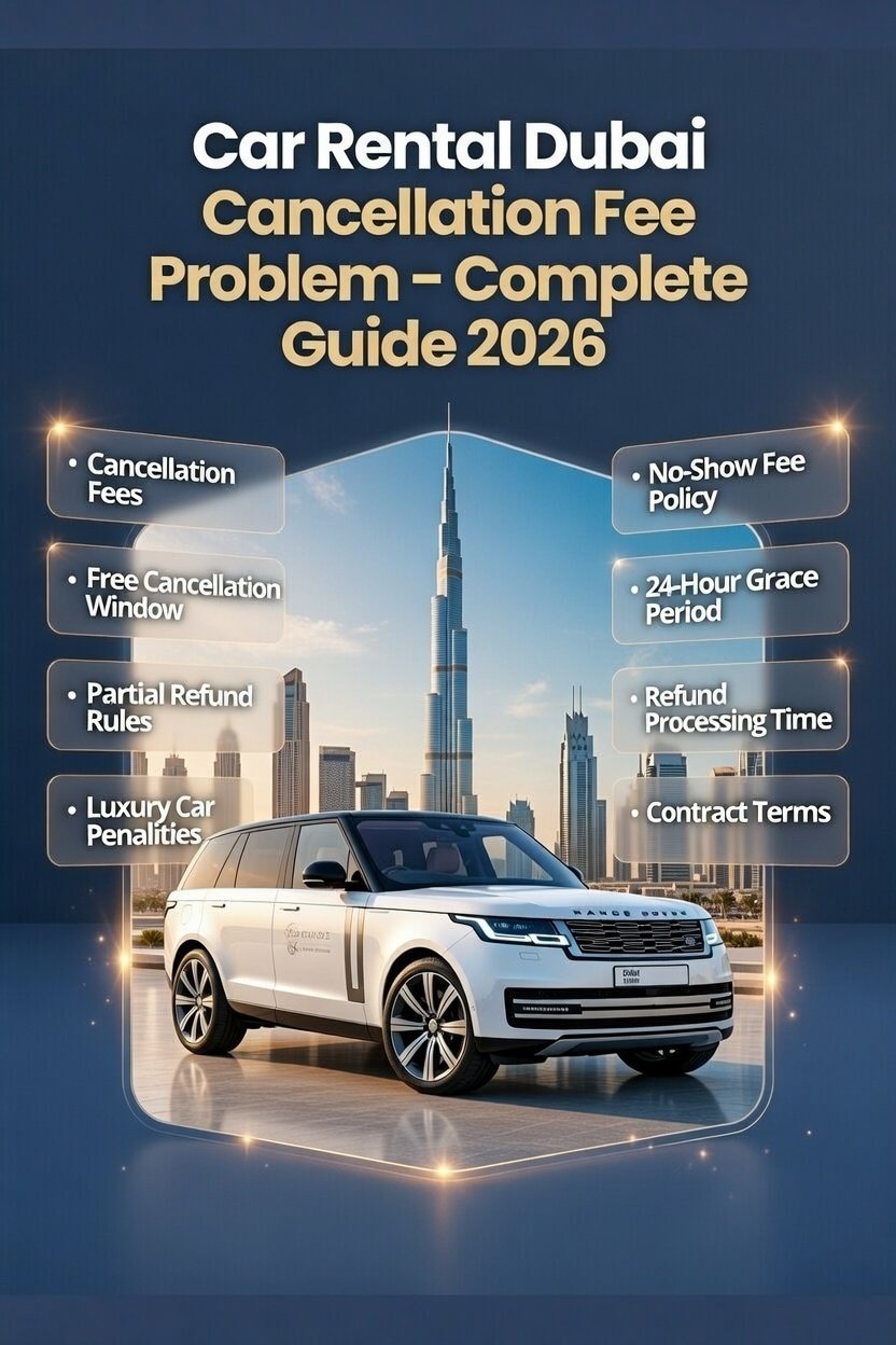 Feature image for “Car Rental Dubai Cancellation Fee Problem – Complete Guide 2026” showing a luxury SUV in the center, Dubai skyline in the background, with key points about cancellation fees, free cancellation window, and tips displayed on both sides.