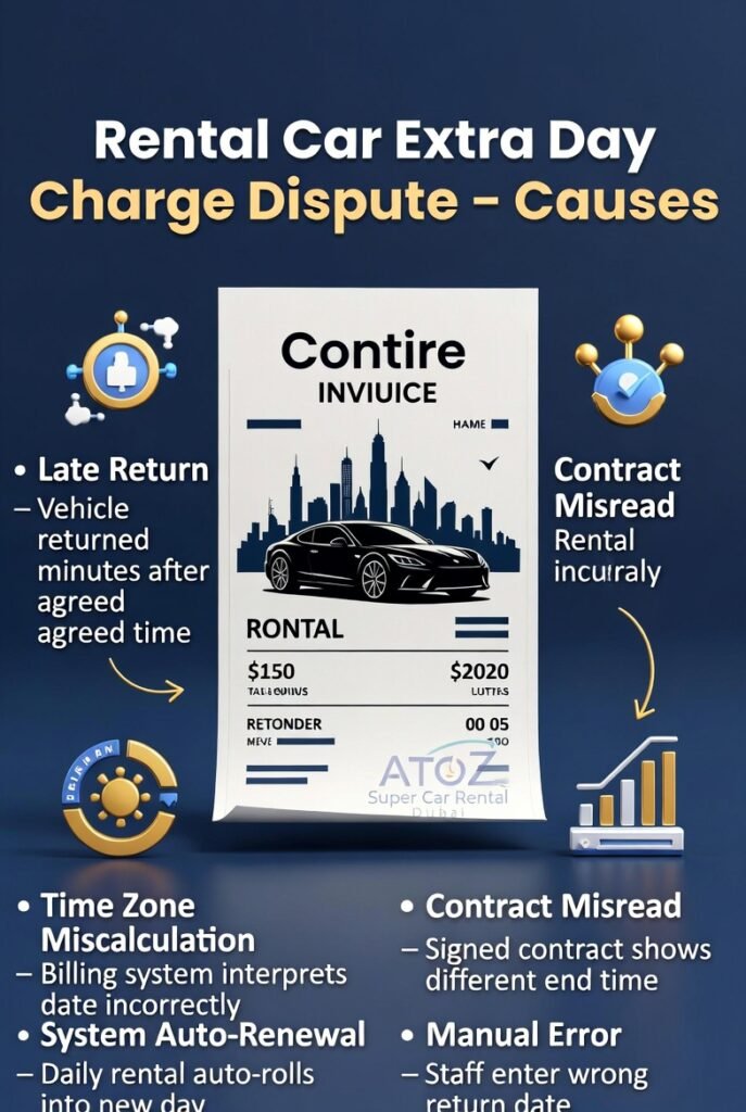 "Infographic-style user guide showing causes of rental car extra day charge dispute, with central invoice, Dubai luxury car, and side bullet points for late return, time zone miscalculation, auto-renewal, contract misread, and manual error, plus brand logo."