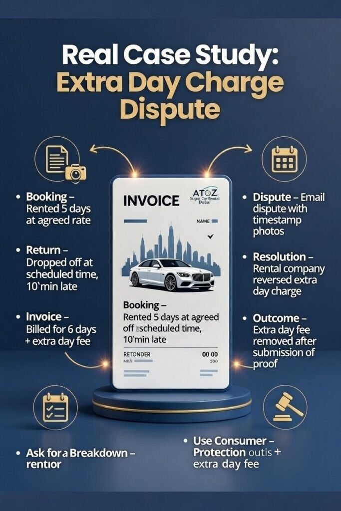 "Infographic-style user guide showing a real case study of an extra day charge dispute in Dubai car rentals, with central invoice, Dubai luxury car, and side bullet points for booking, return, invoice, dispute, resolution, and outcome, plus brand logo."
