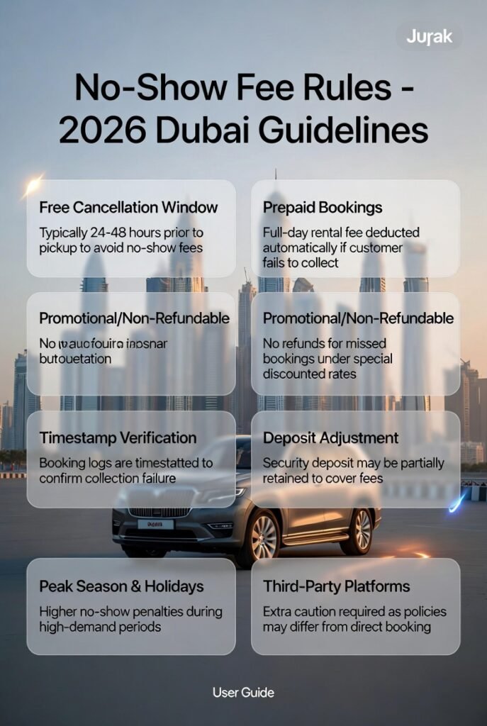 Feature image for “No-Show Fee Rules – 2026 Dubai Guidelines” showing a luxury SUV in the center with Dubai skyline in the background. Key rules like free cancellation window, prepaid bookings, promotional/non-refundable rates, timestamp verification, deposit adjustment, peak season penalties, and third-party platform differences are displayed on both sides as animated highlights.
