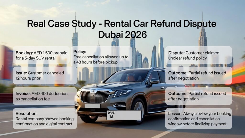 Real Case Study – Rental Car Refund Dispute Dubai 2026 Feature image for “Real Case Study – Rental Car Refund Dispute Dubai 2026” showing a luxury SUV in the center with Dubai skyline in the background. Key points from the case study — booking, policy, issue, invoice, dispute, resolution, outcome, and lesson — are displayed on both sides as animated floating highlights.