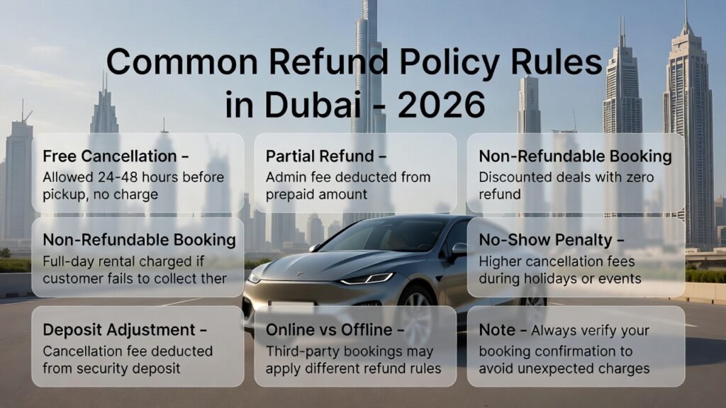 Common Refund Policy Rules in Dubai – 2026 Feature image for “Common Refund Policy Rules in Dubai – 2026” showing a luxury SUV in the center with Dubai skyline in the background. Key points like free cancellation, partial refunds, non-refundable deals, no-show penalties, deposit adjustments, online vs offline rules, peak season fees, and verification note are displayed on both sides as animated highlights.