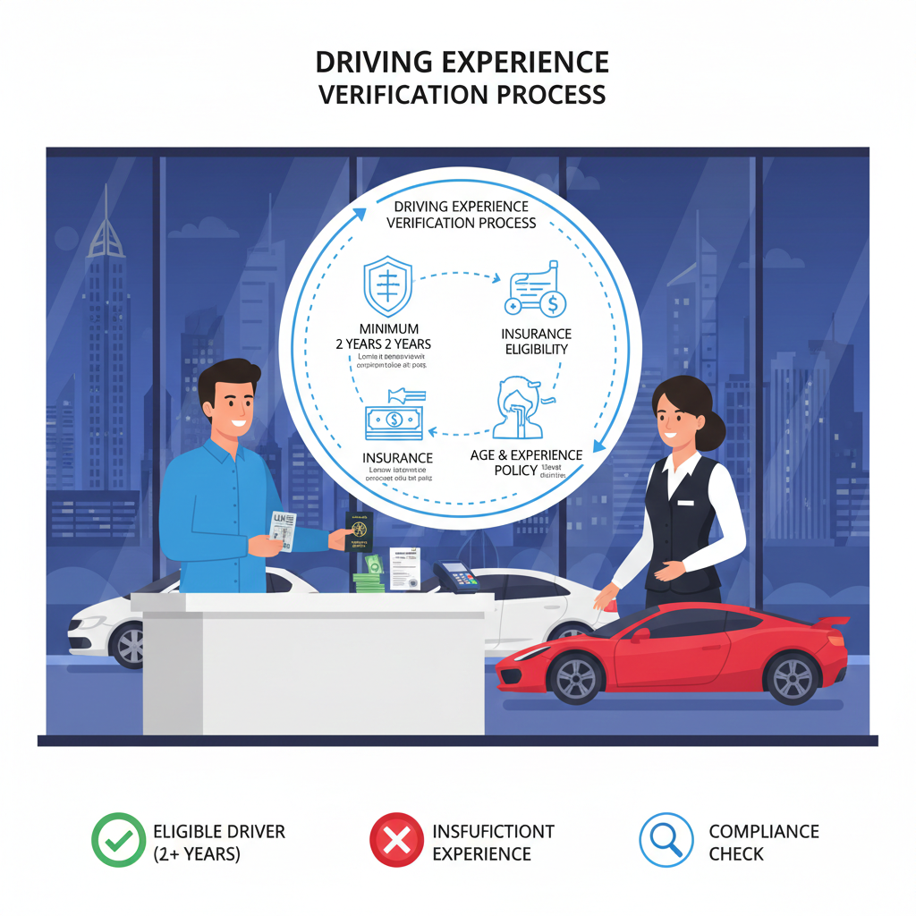 Dubai car rental customer showing driving license to clerk with icons indicating minimum 2 years driving experience and insurance verification, illustrating driving experience rules.