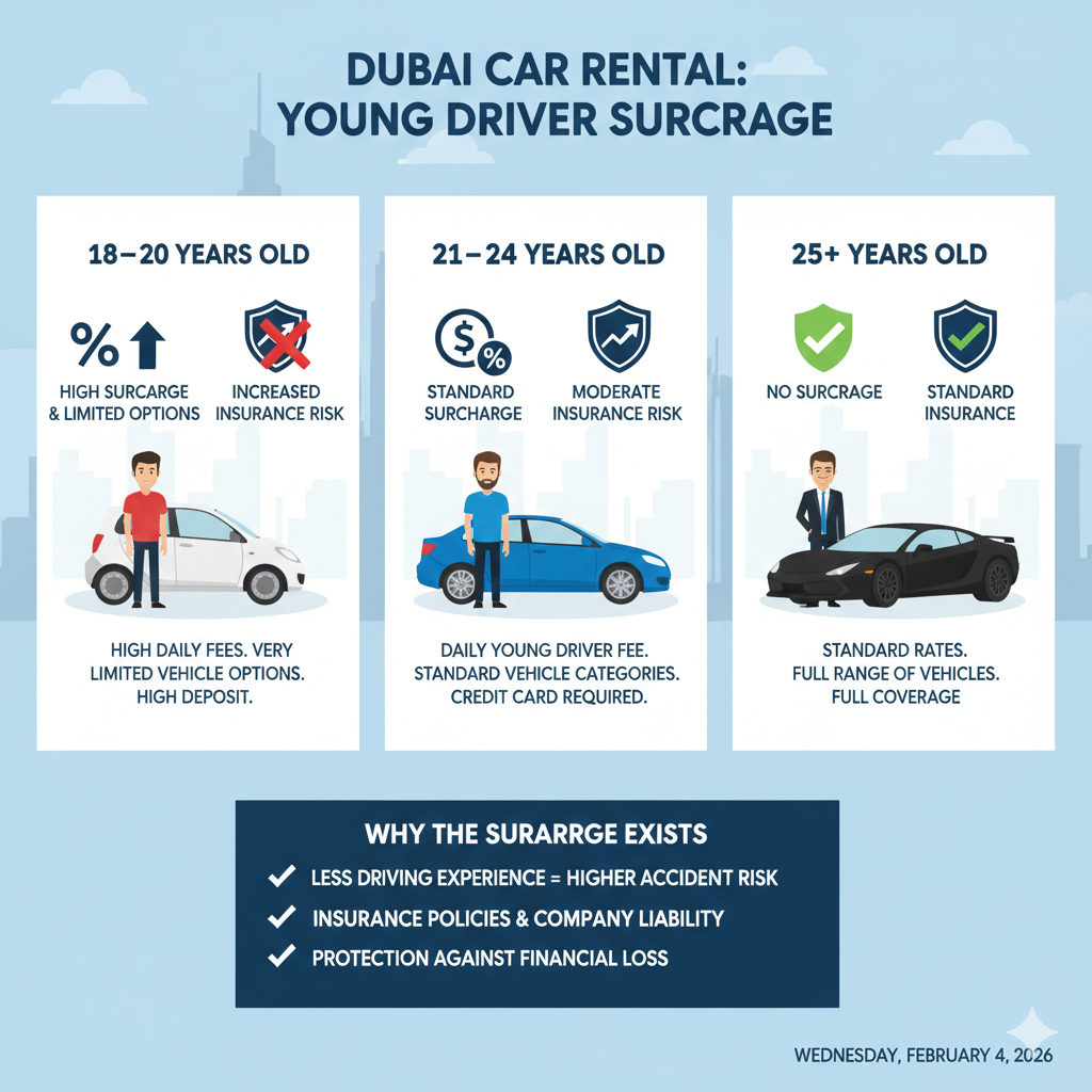 Infographic showing young driver surcharge in Dubai for ages 18–20, 21–24, and 25+, including insurance risk and rental policy icons