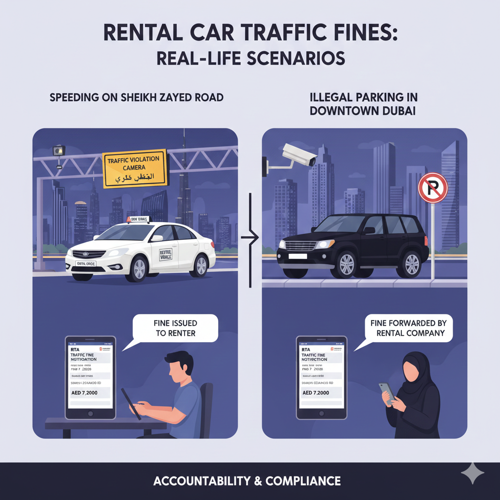 Case Study – Traffic Fines System for Rental Cars Dubai 2026 Illustration showing a tourist’s rental car speeding on Sheikh Zayed Road and a resident’s rental car parked illegally in Downtown Dubai, with traffic cameras capturing violations and fines being issued.