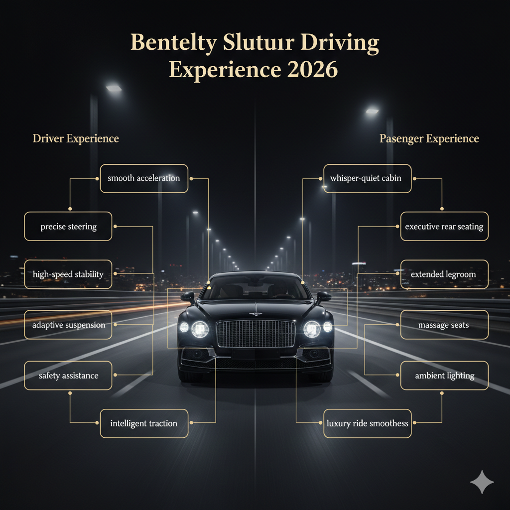 Bentley Flying Spur driving and passenger experience infographic showing luxury comfort and performance features