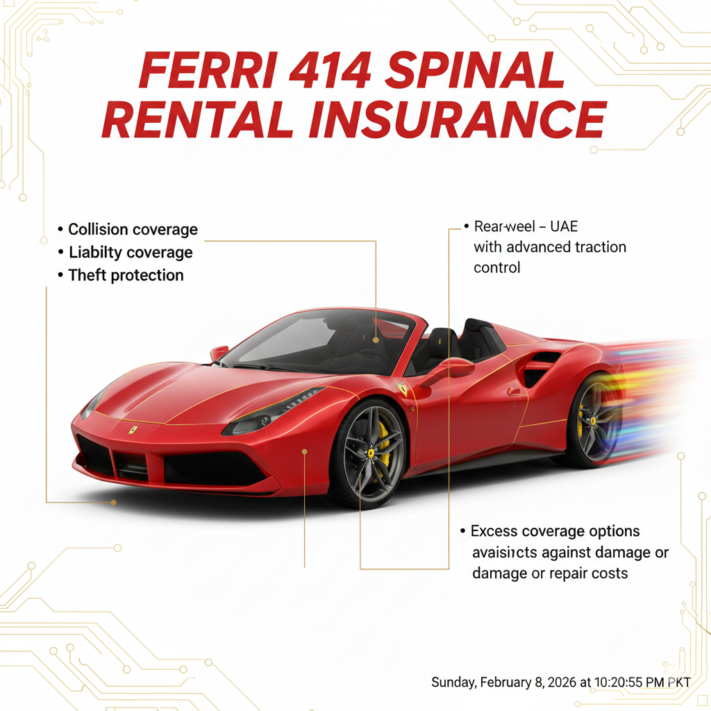 "Ferrari 488 Spider Rental Insurance – User Guide Visual" "High-quality animated user guide image showing the title 'Ferrari 488 Spider Rental Insurance' at the top, a central Ferrari 488 Spider illustration, and side bullet points highlighting collision, liability, theft, and excess coverage."
