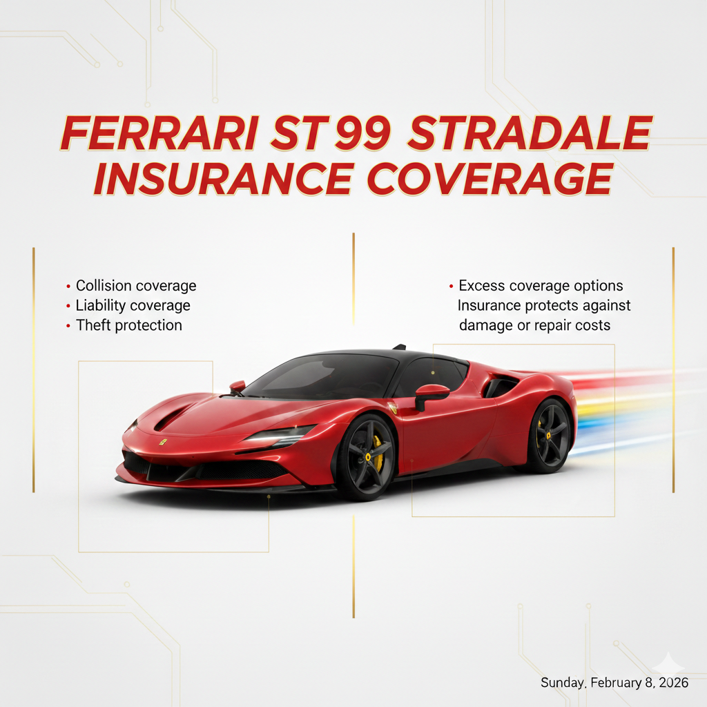 "Ferrari SF90 Stradale Rental Insurance – User Guide Visual" "Animated user guide image showing Ferrari SF90 Stradale rental insurance with title at the top, central car illustration, and side bullet points listing collision, liability, theft, and excess coverage details."