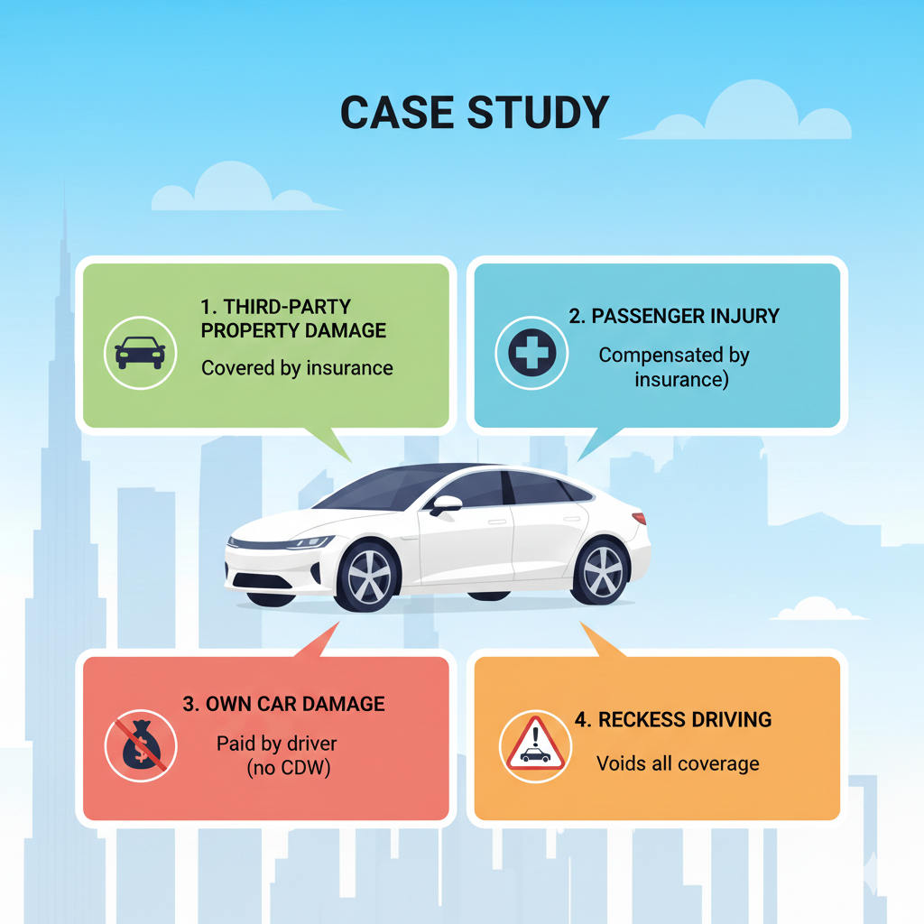 Dubai Basic Insurance Coverage Rules — Case Study Infographic illustrating outcomes of a car accident under Dubai basic insurance coverage rules, including third-party and passenger protection