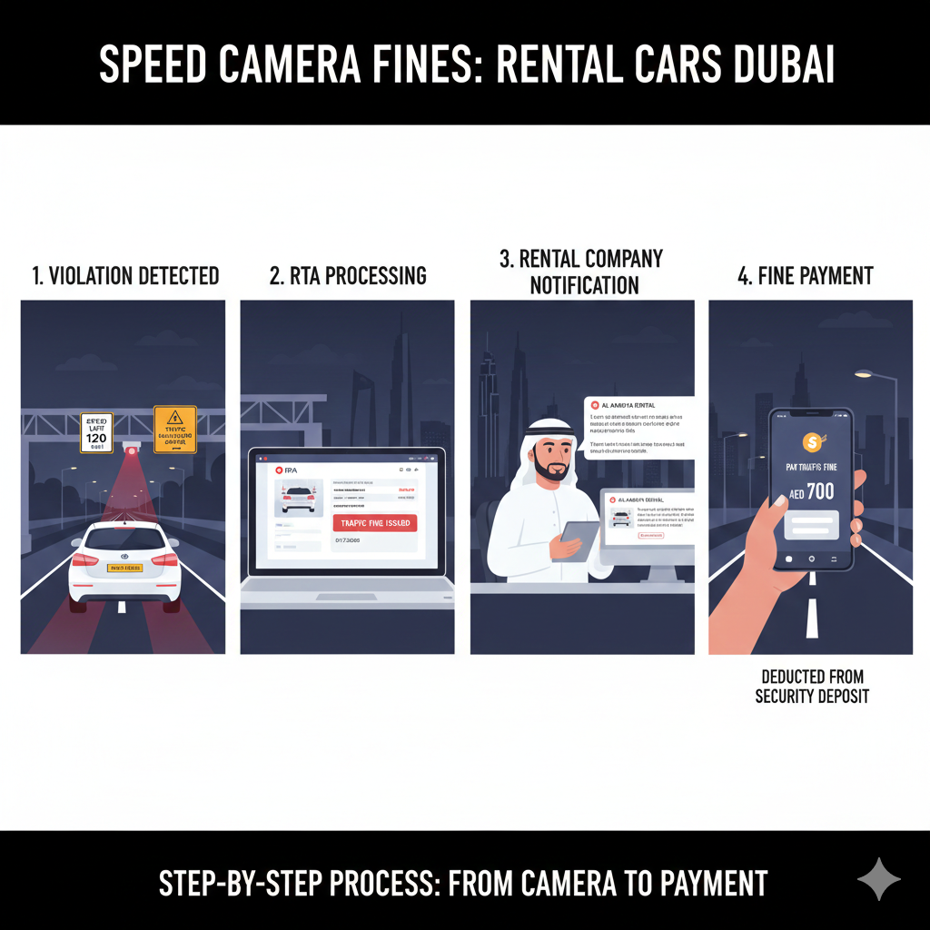 Illustration showing a rental car caught by a speed camera on a Dubai highway, driver checking fine notification on a mobile device, and rental company office handling the fine, with clear speed signs and traffic cameras in the background.