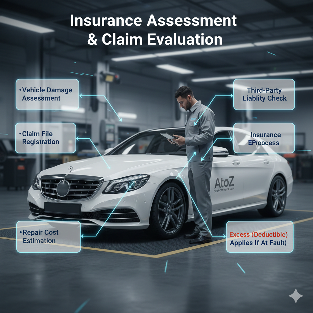 Infographic image showing rental car insurance damage assessment in Dubai workshop including claim file registration, repair cost estimation, third party liability evaluation, and excess deductible application.