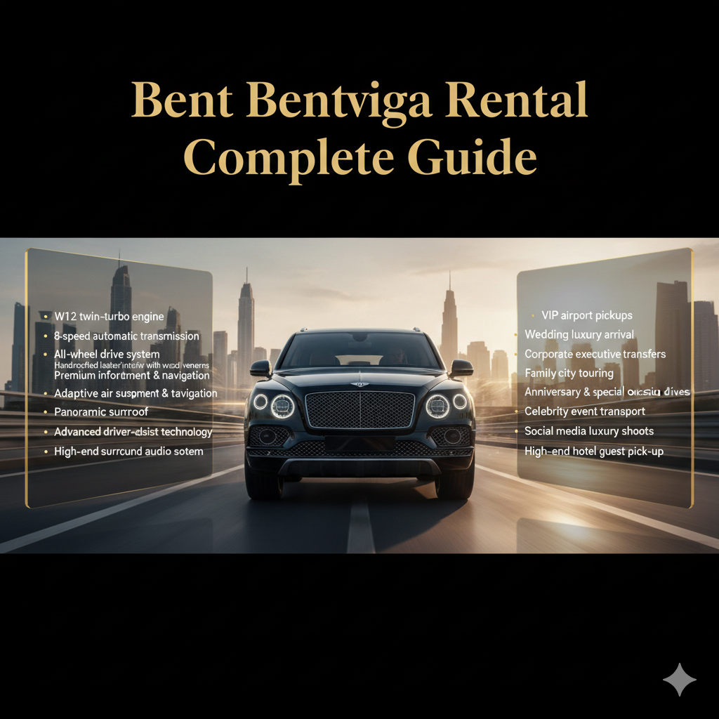 Bentley Bentayga rental guide infographic showing luxury SUV features, use cases, and VIP experiences in cinematic Dubai editorial layout.