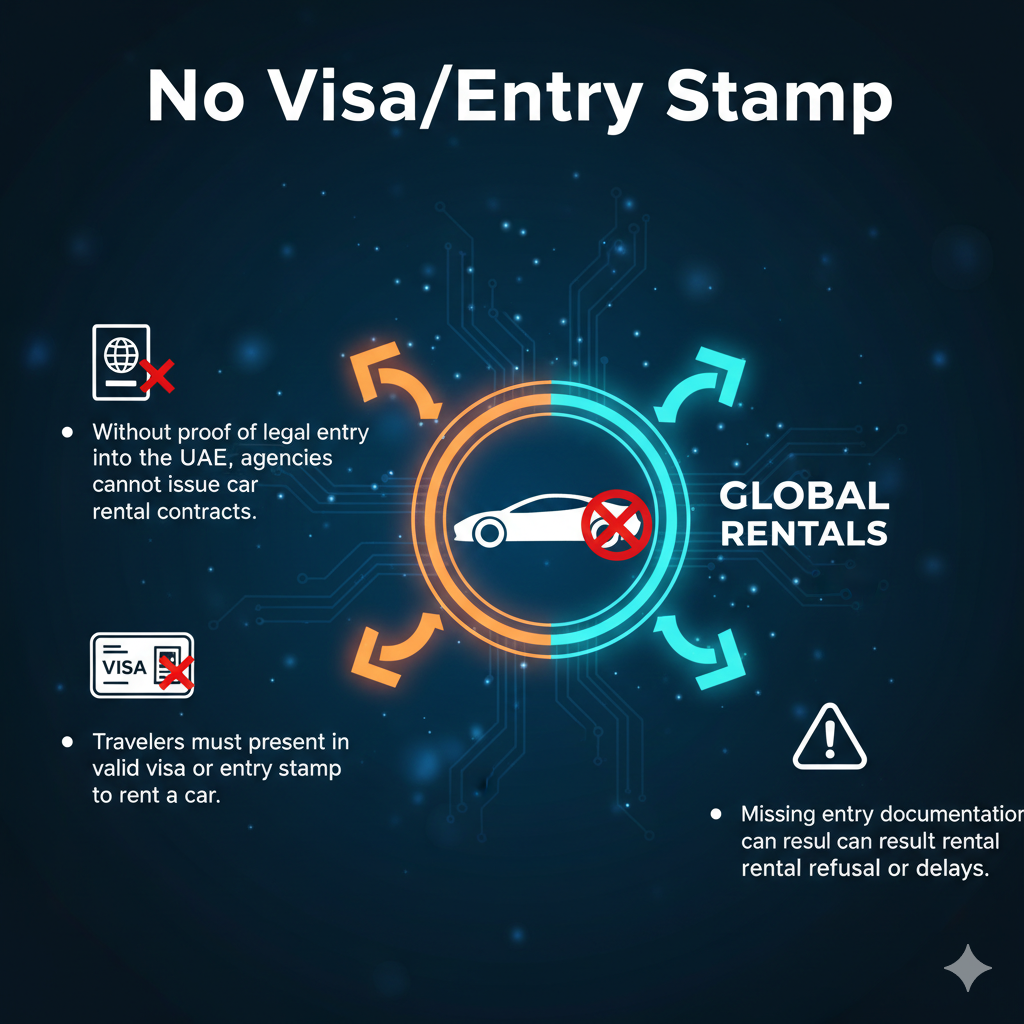 Feature image for user guide titled 'No Visa/Entry Stamp', showing key points on left and right sides, with a central brand image highlighted using animated infographic elements.