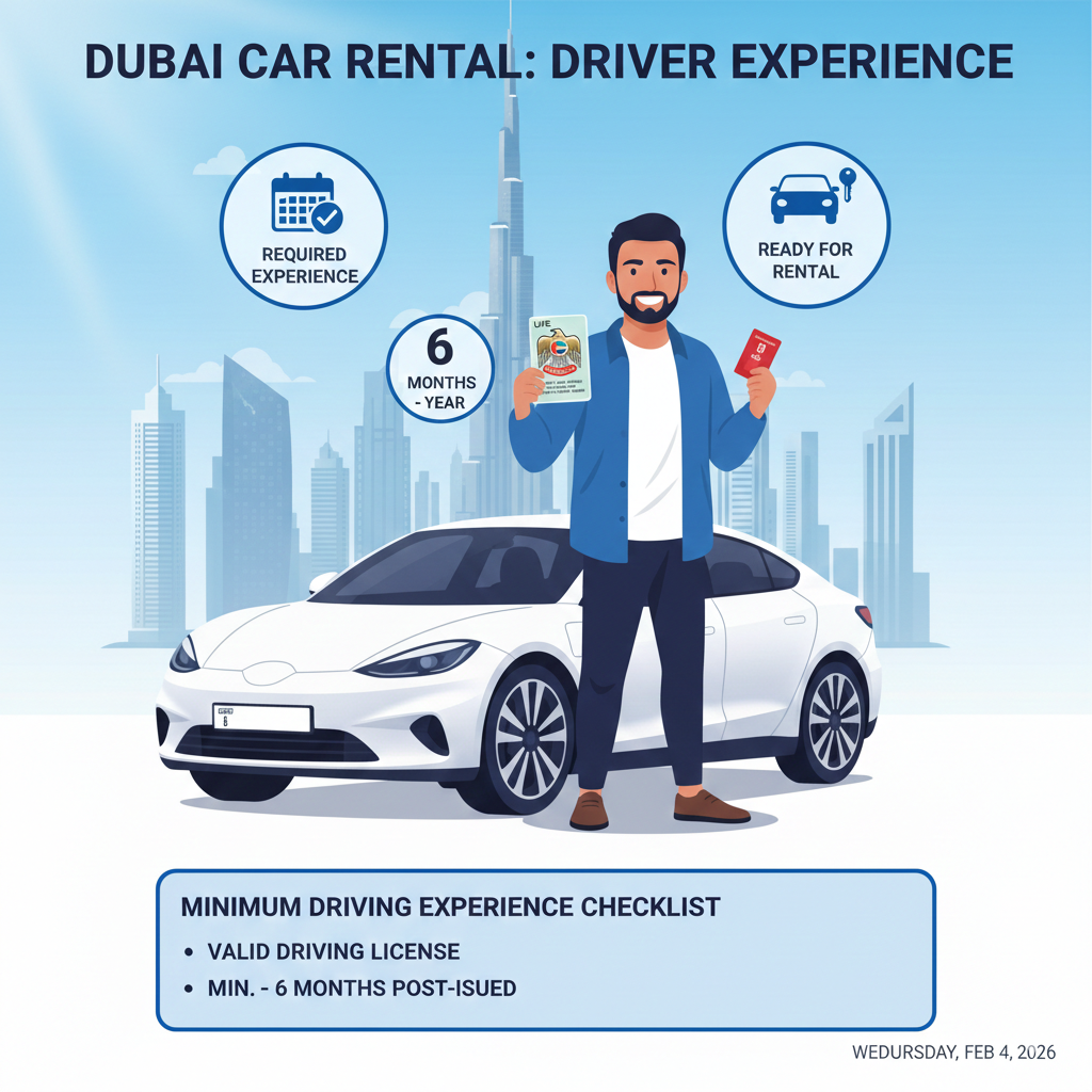 Infographic showing Dubai car rental driver experience requirement of 6 months to 1 year with license and calendar icons