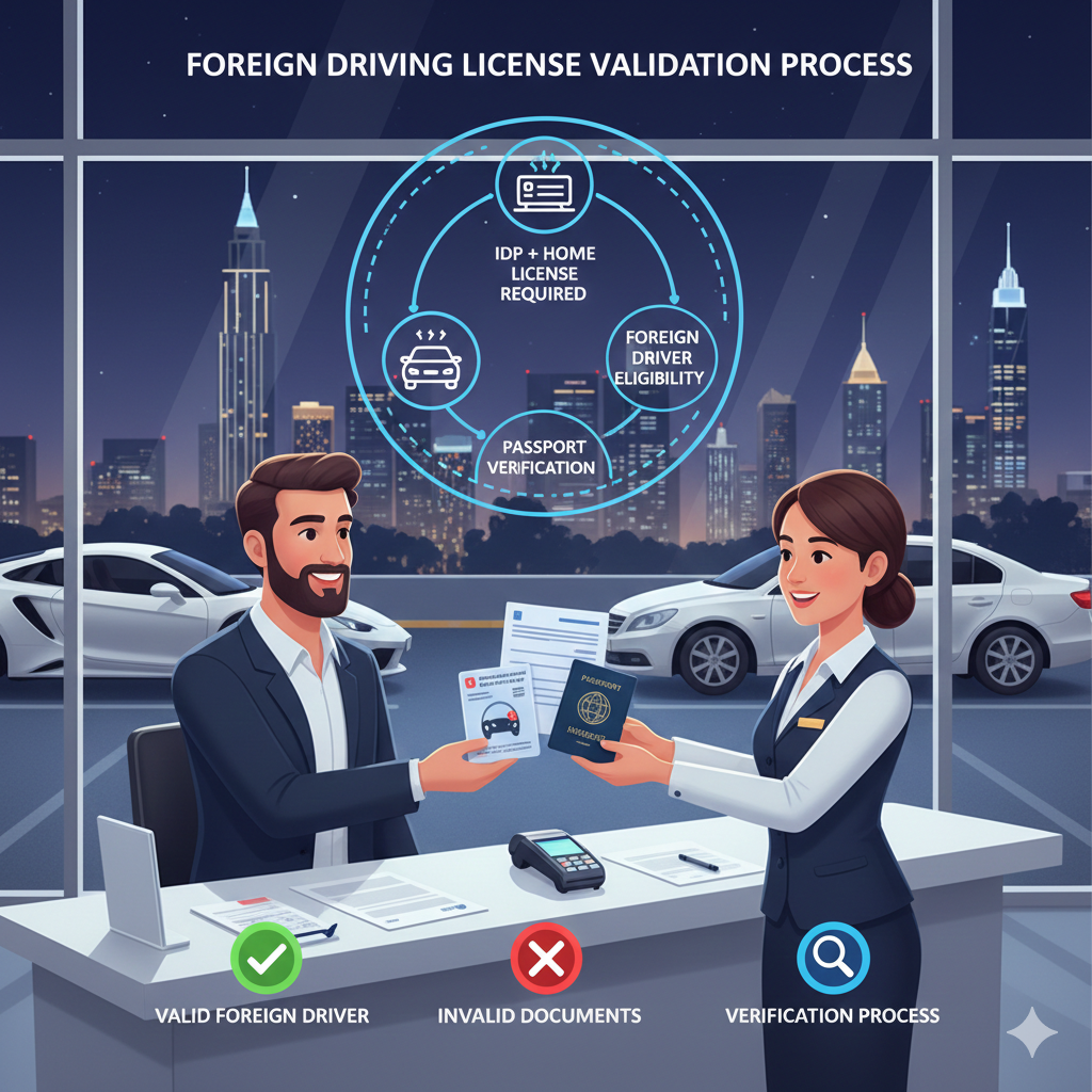Customer showing home driving license, International Driving Permit (IDP), and passport to Dubai car rental clerk, illustrating foreign driver license requirements.