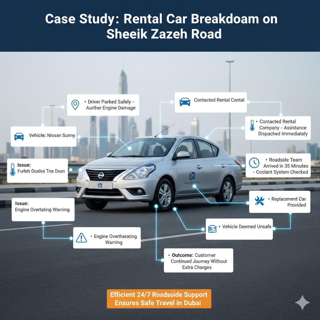 Case Study: Rental Car Breakdown on Sheikh Zayed Road Infographic showing a Nissan Sunny rental car breakdown case study on Sheikh Zayed Road, highlighting engine overheating, safety actions, roadside assistance timeline, and replacement vehicle outcome.