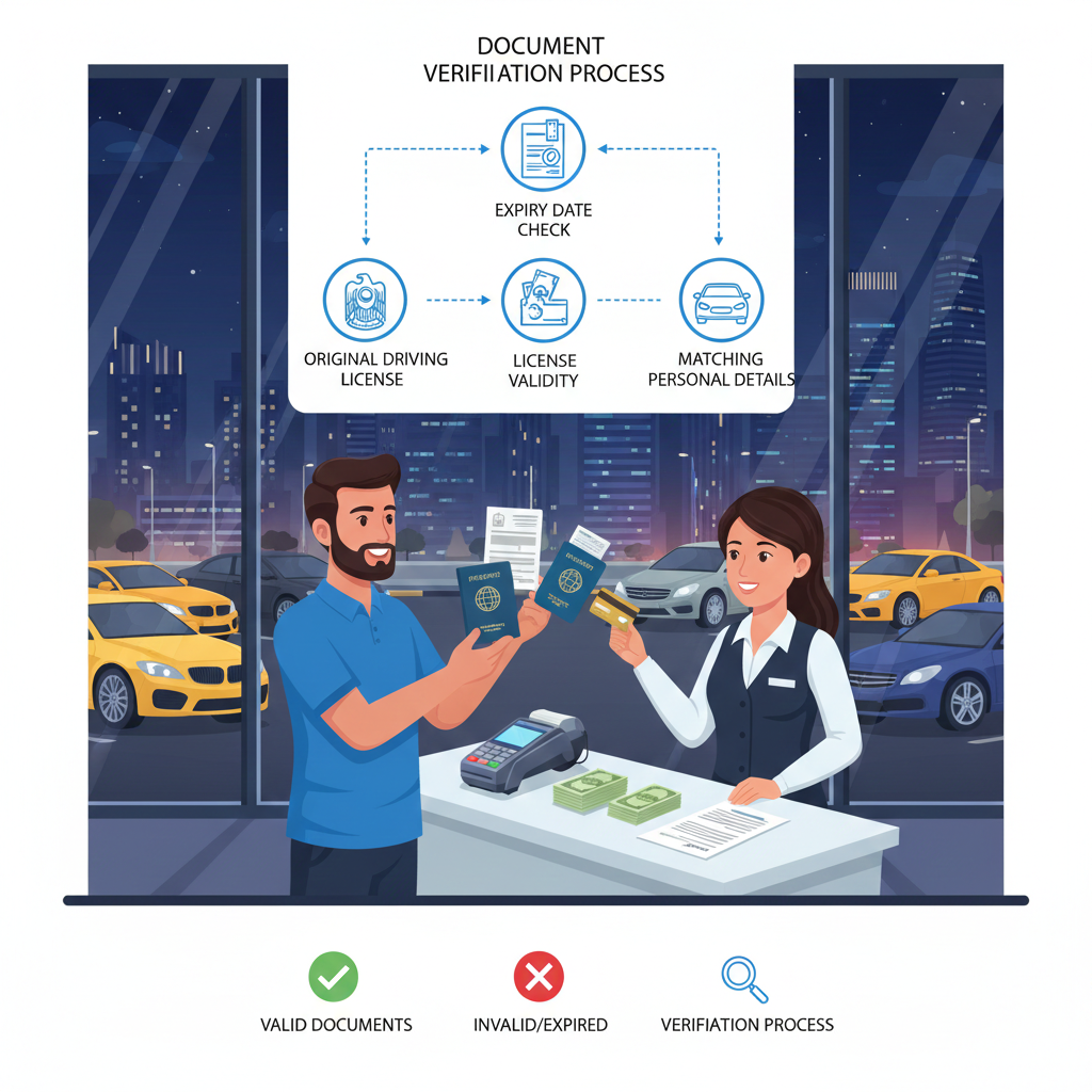 Dubai car rental customer showing driving license, passport/Emirates ID, International Driving Permit, and credit card to clerk, illustrating documents and verification process for car rental Dubai.