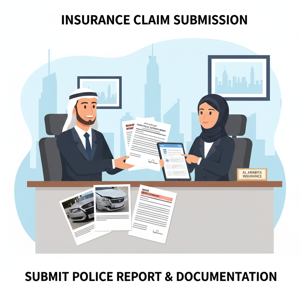 Illustration of a person submitting police report, accident photos, repair estimates, and witness statements to an insurance agent in Dubai, demonstrating proper insurance reporting.